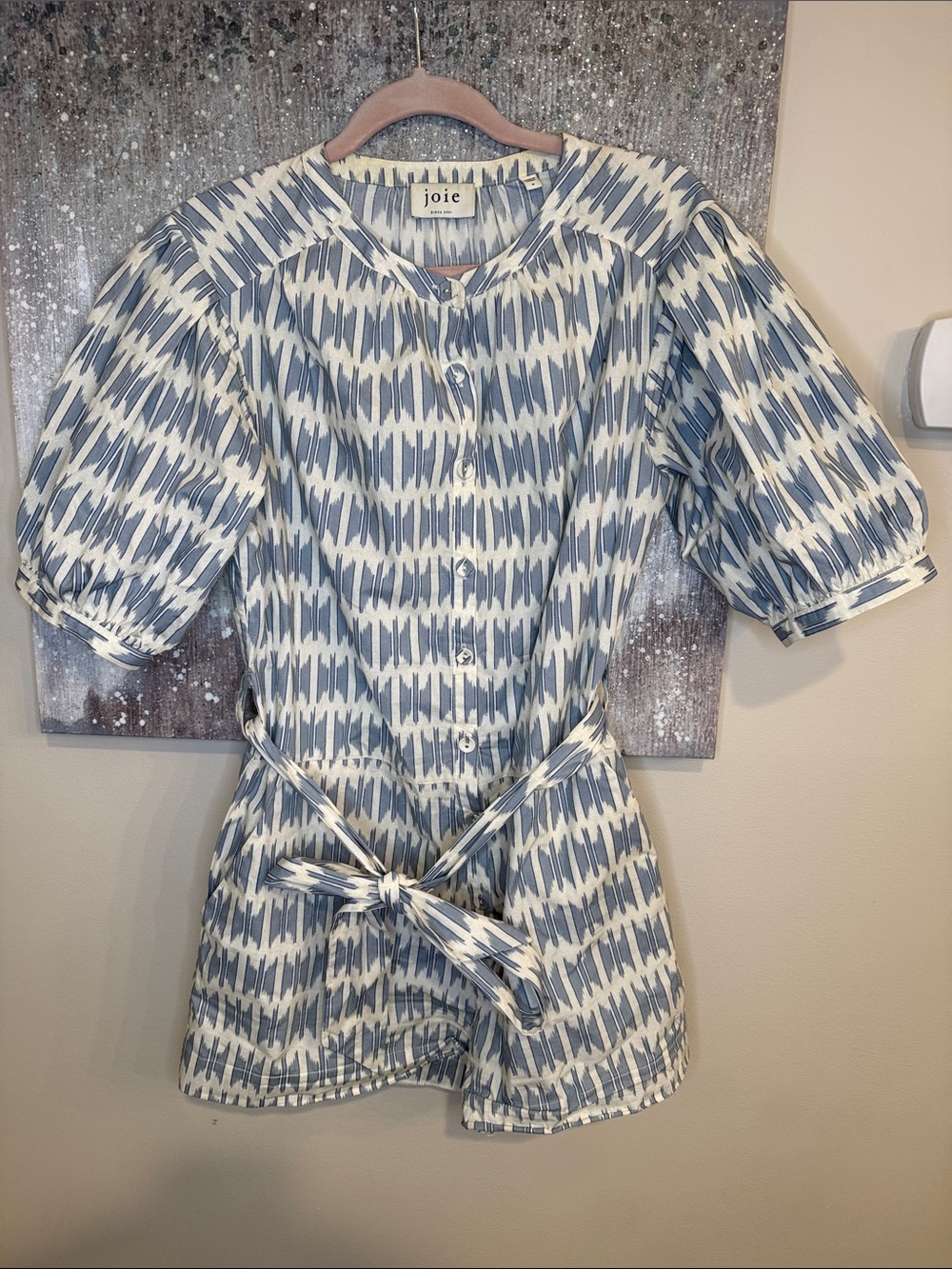 Joie Blue and Cream Ikat-Print Button Front Tie Shorts Romper - Picture 1 of 4